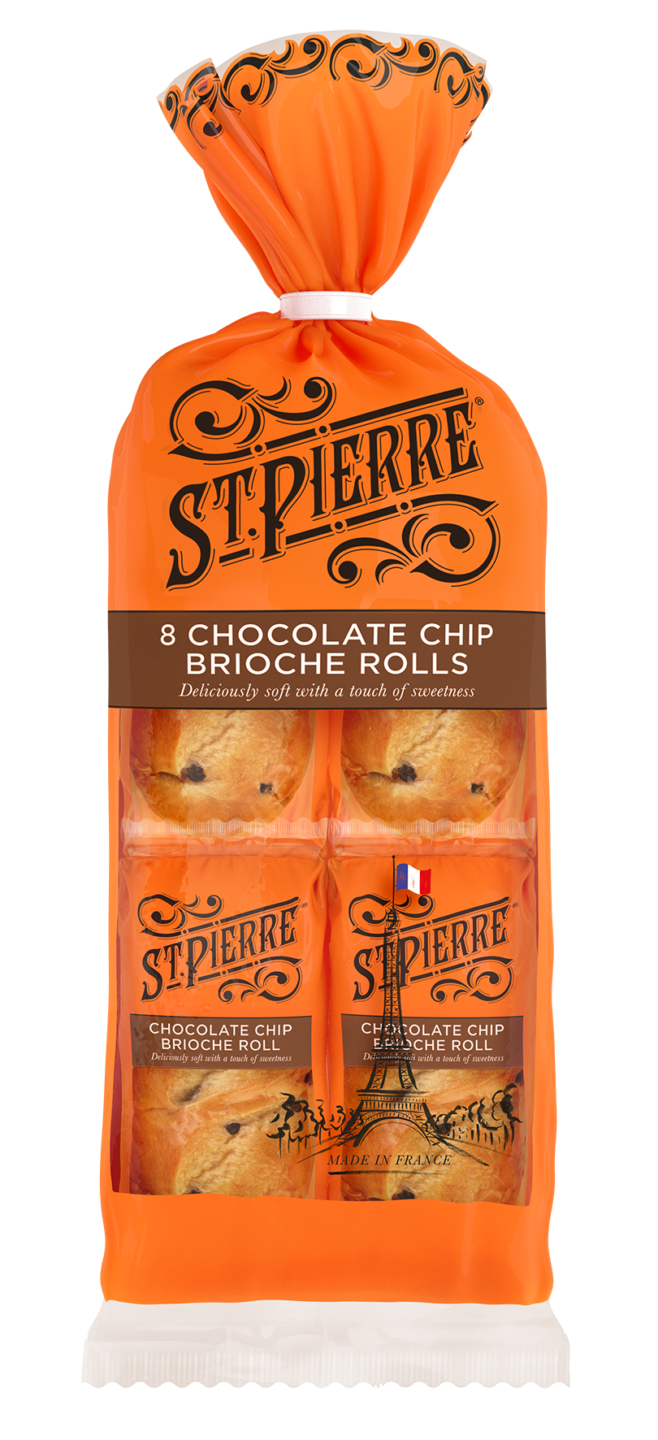 ChocChip_BriocheRoll_Outer_LR A pack of eight St Pierre chocolate chip brioche rolls