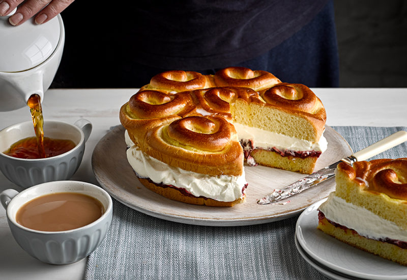 sp_web_productshots_2_0000_uktearandshareafternoonteare Brioche Afternoon Tea Tear & Share recipe prepared on a table with cups of tea